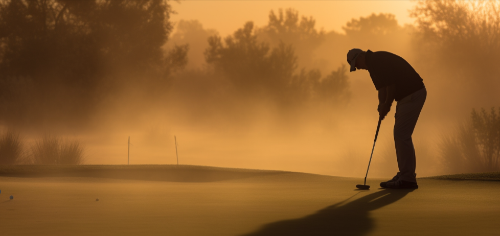 A man about to putt in the early morning sun