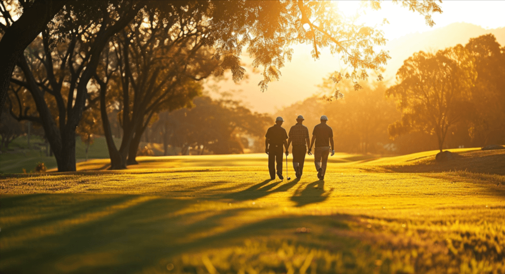 three men walking on the fairway of a golf course